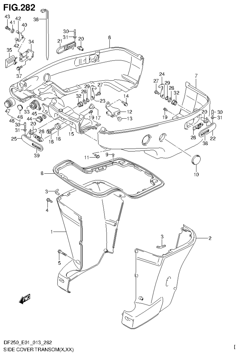 Suzuki DF200T, DF200Z, DF225T, DF225Z, DF250T, DF250Z SIDE COVER TRANSOM(X,XX) (DF225Z E40) parts diagram